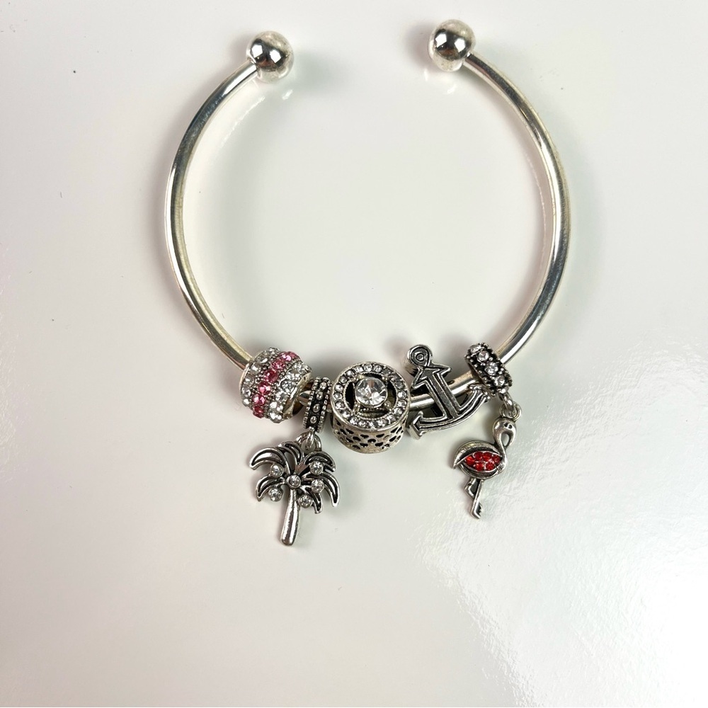 Silver Toned Slide Charm Bracelet Palm Tree Flamingo Anchor Slider Charms